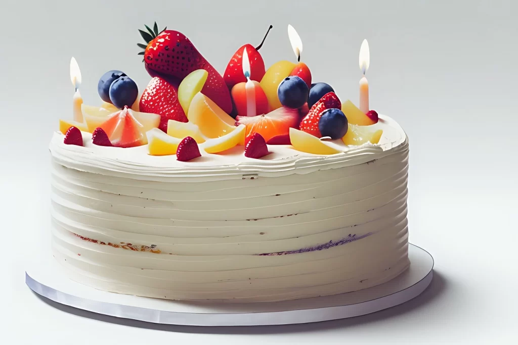 Vibrant Birthday Cake From Fancy Cakes Menu Designed with Fresh Fruit Decorations